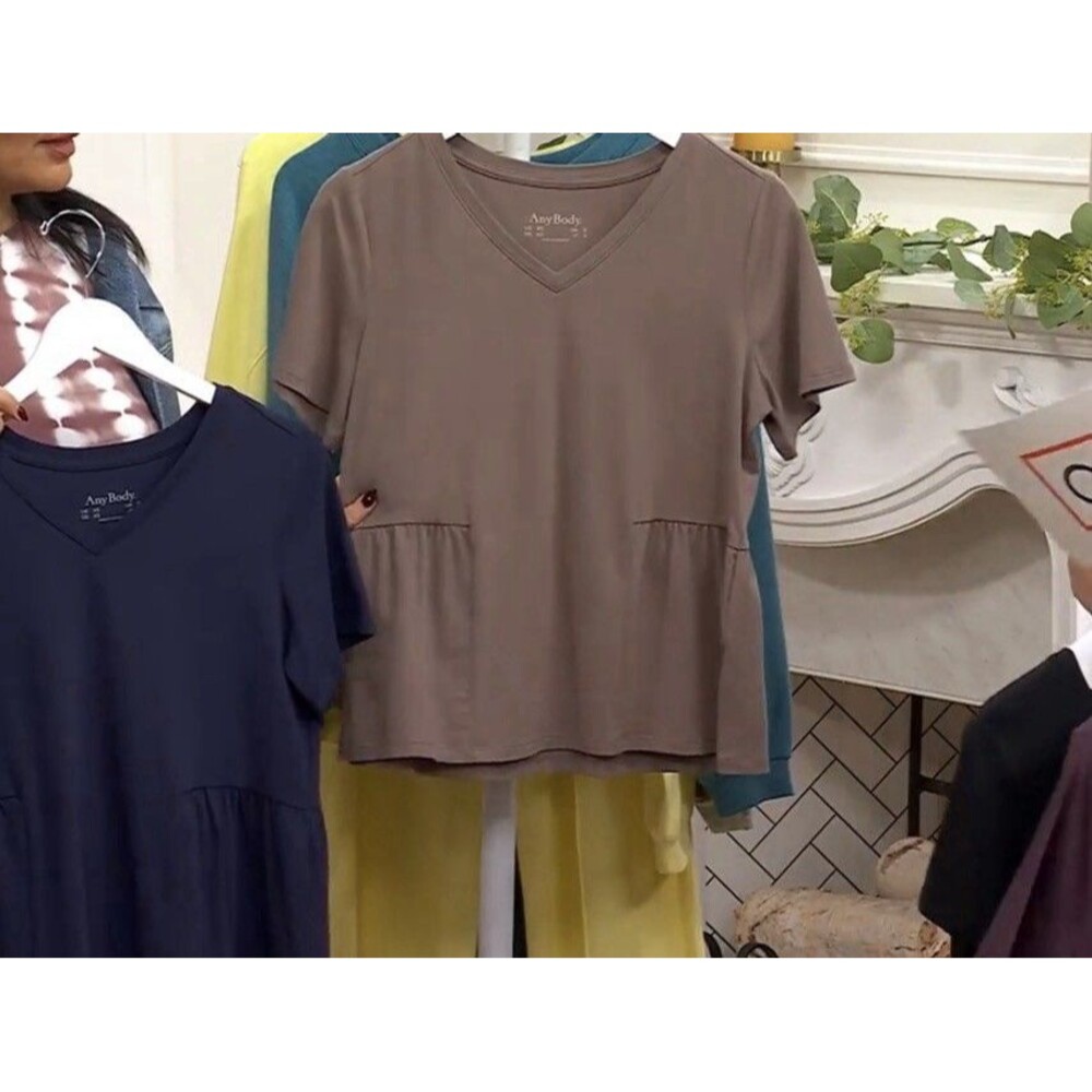 AnyBody Cozy Knit Jersey Short Sleeve Peplum Top Size XL Smokey Taupe